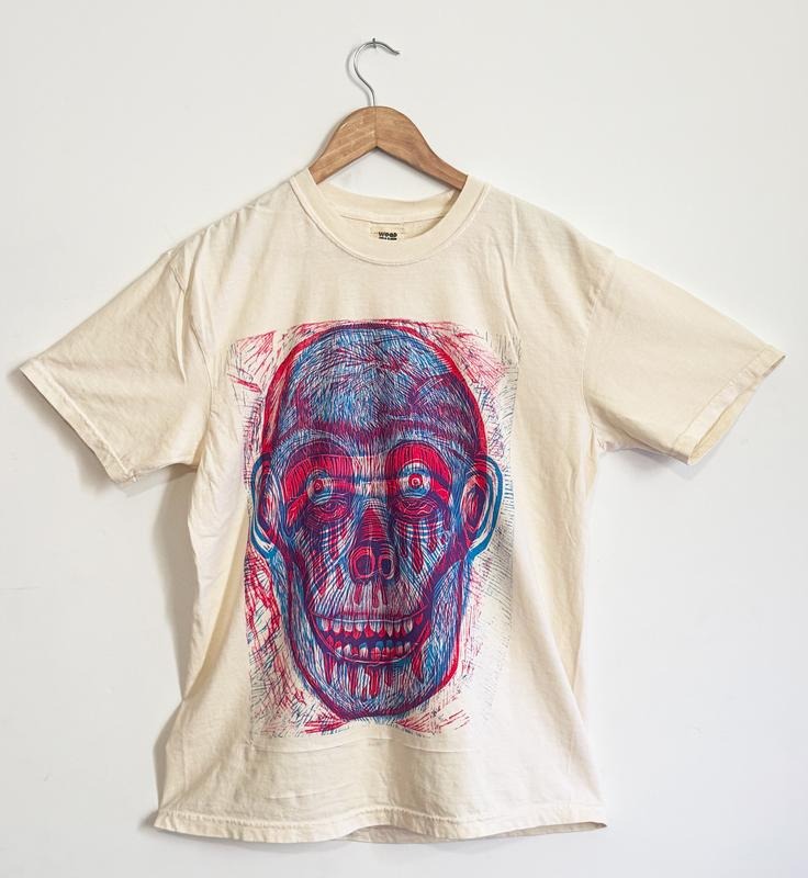 Skull and Chimp Hand Printed T Shirt Menswear Multicolor 100% Cotton Comfort Color Cream Woodblock Graphics Oil-Based Ink Machine Washable