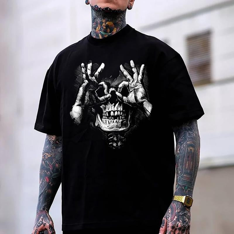 Skull with OK Pattern Graphic Casual Black Print T-shirt -  Sweatshirt