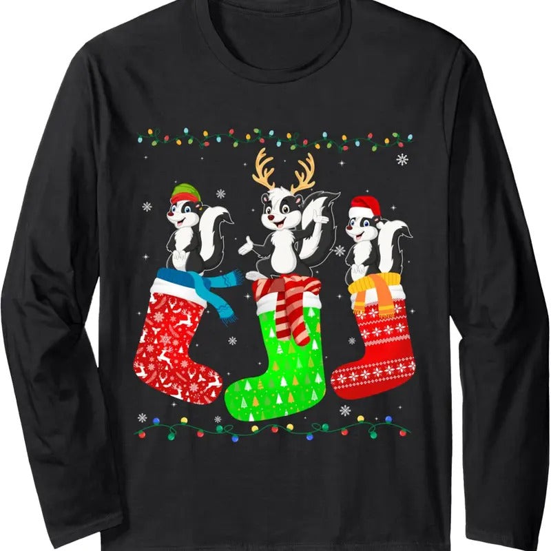 Skunk in Xmas Socks Funny Holiday Ugly Sweater Christmas Long Sleeve T-Shirt