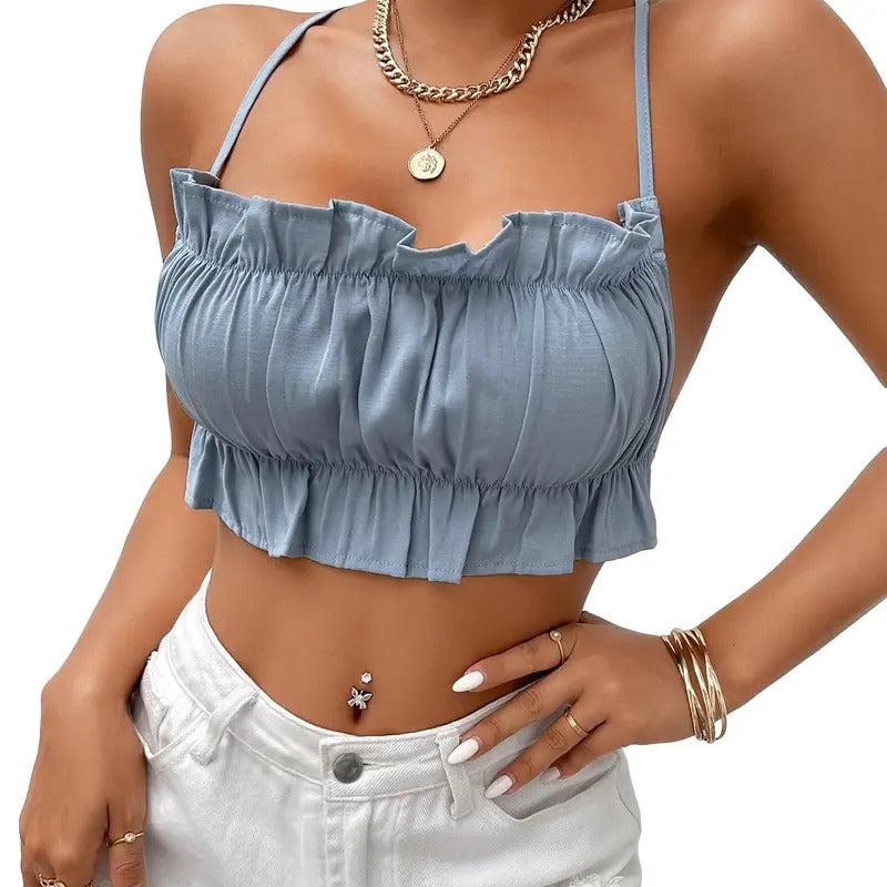 Sleeveless Criss Cross Tie Backless Ruffle Trim Party Going Out Crop Cami Tops T-Shirts, Hoodie, Sweatshirt | DripVista.com