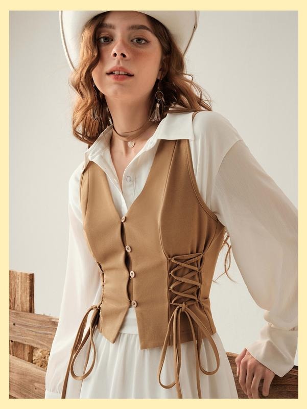 Sleeveless Western Cowgirl Rodeo Outfit Lace Up Vest Tops Pirate Renaissance Peasant Bodice 2025 Western Outfits Women...