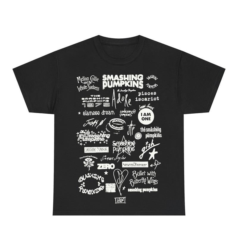 Smashing Pumpkins Logo Compilation Tee, Retro Band Graphic Shirt, Iconic Album Art Designs, Vintage Rock Music Apparel, Unisex Menswear Womenswear Top