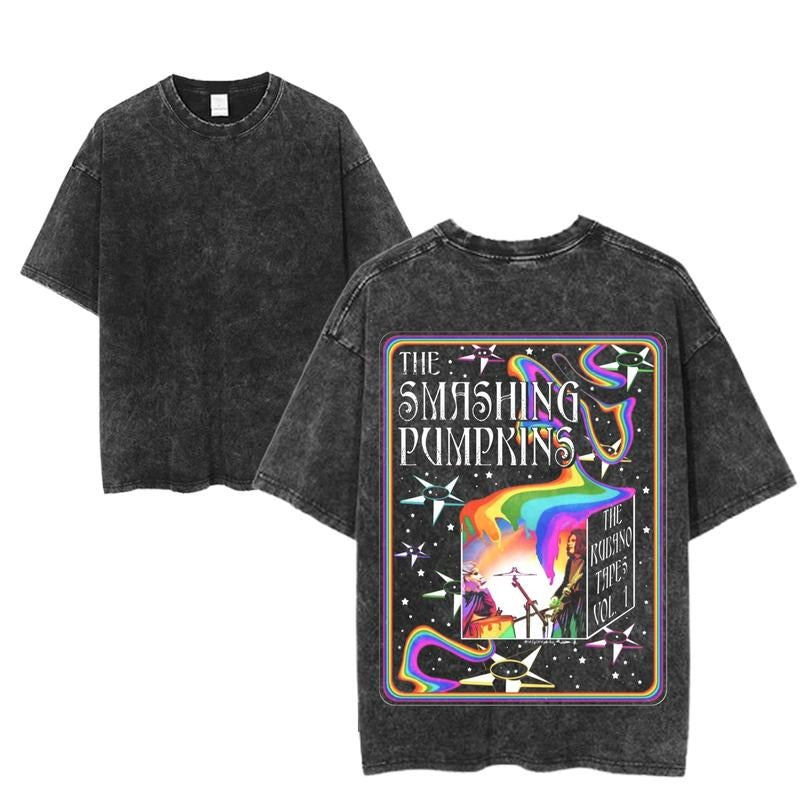 Smashing Pumpkins Rainbow T-Shirt, Retro Rock Band Tee, Double-Sided Graphic Design, Casual Streetwear, Unisex Cotton Shirt