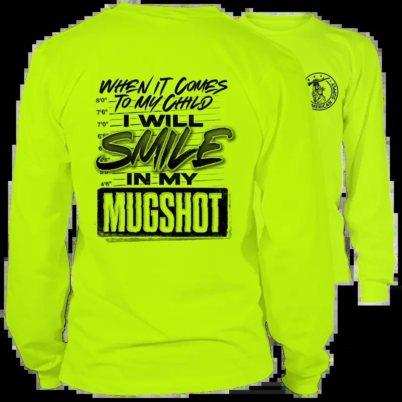 Smile In My Mugshot - Hi Visibility Safety Yellow Work T-Shirt Jersey Menswear Top Long Sleeve Tshirt Cotton Collar Flag...
