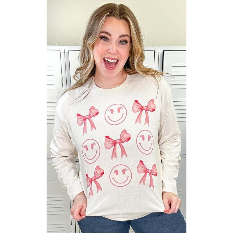 Smiley Bow Long Sleeve Graphic T-Shirt Hoodie, Sweatshirt | DripVista.com