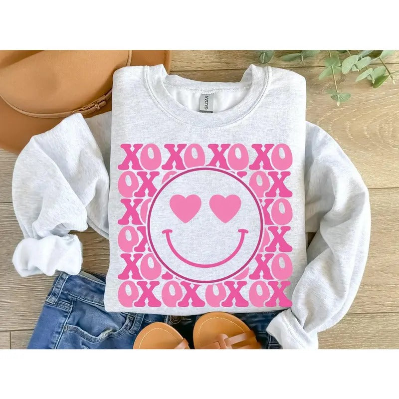 Smiley Face XOXO Sweatshirt, Vintage XOXO Smiley Face Sweater, Retro Smiley Face XOXO Valentine Tshirt, Girly Valentine...