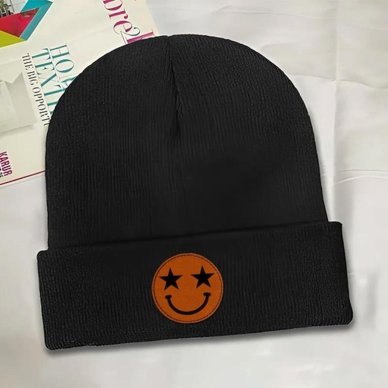 Smiley Leather Patch Beanie Hat, Winter Hat For Her For Him, Trendy Funny Hat, Perfect For Winter Wear Christmas...