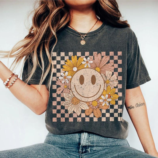 Smiling Face Shirt, Wild Flower Shirt, Wildflower T-shirt, Flower Shirt, Retro Smile Face with Flower, Smile TShirt, Retro Happy Face Shirt, Gift For Her, Flower Shirt Aesthetic, Floral Graphic Tee, Trendy Vintage Graphic Tee, Checkered Comfort T-shirt
