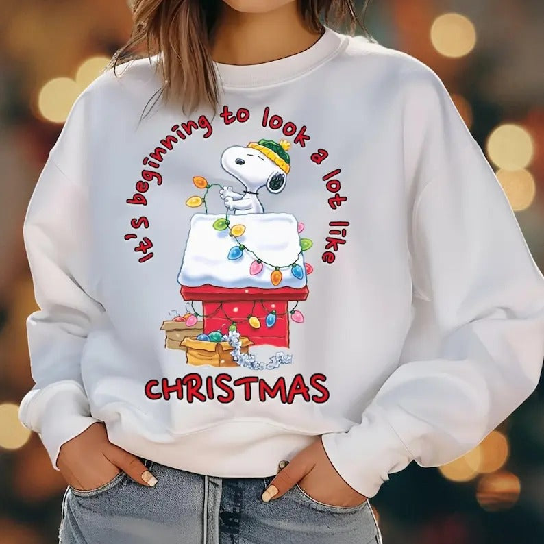 Snoopy It's Beginning to Look A lot Like Christmas Sweatshirt - Funny Holiday Sweatshirt, Christmas Party Sweatshirt, Christmas Sweatshirt
