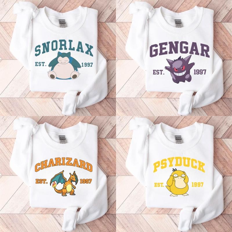 Snorlax, Gengar, Charizard, Psyduck, Bulbasaur Graphic Sweatshirt, Pkm Characters Sweatshirt, Anime Shirt, Graphic...