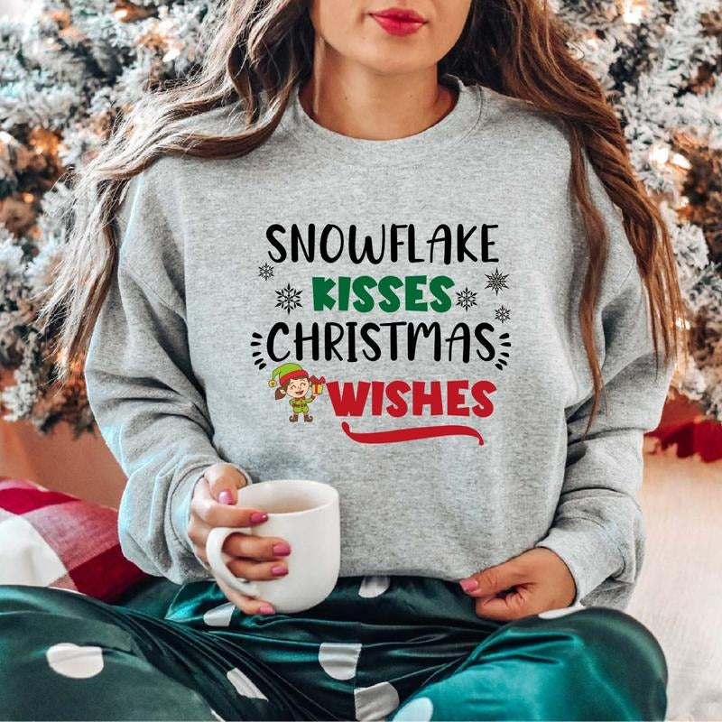 Snowflake Kisses Christmas Wishes Sweatshirt, Funny Christmas Woman Gift Hoodie, Xmas Holiday, Family Christmas Sweater, Holiday Party Sweatshirt.