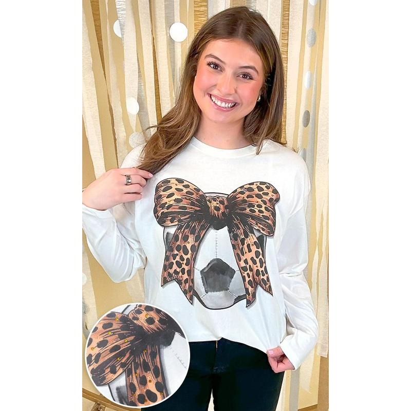 Soccer Cheetah Bow Rhinestone Graphic Long Sleeve Shirt Hoodie, Sweatshirt | DripVista.com