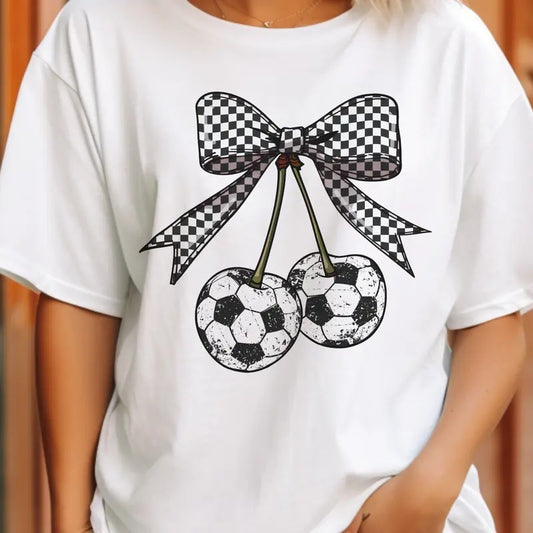 Soccer Cherries Checkerboard Bow Graphic Tee Volleyball Sports Cherry Graphic Tee Football Sports Cherries Tshirt