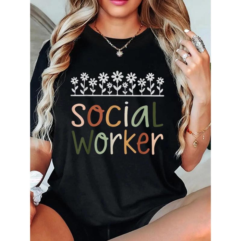 Social Worker Support Retro Wildflowers Social Work Month Print Women'WB shield Gift T-shirt, Round Crew Neck FOG Short...