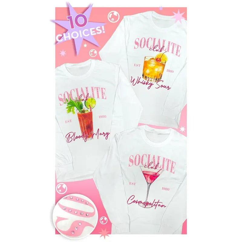 Socialite Drink Club Rhinestone Graphic Long Sleeve T-Shirt Hoodie, Sweatshirt | DripVista.com