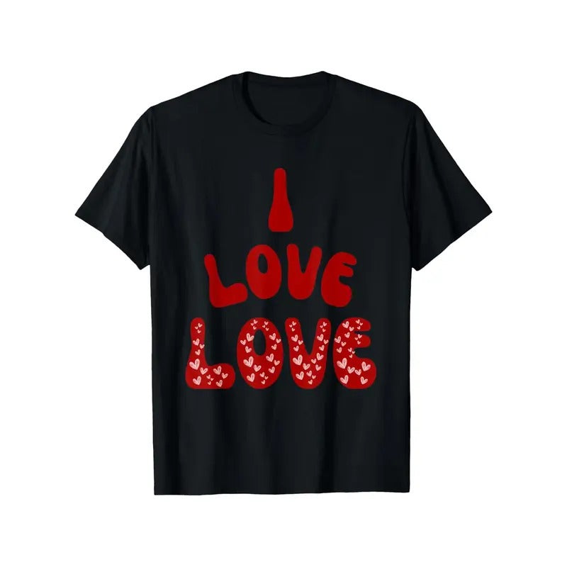 Soft & Breathable 100% Cotton Men's Valentine's Day T-Shirt - "I Love Love" XOXO Graphic, Casual Crew Neck Short Sleeve Tee in Black with Red Hearts Design, Perfect for Daily Wear & Gifts, Sizes S-XXXL, Valentine's Day Outfitmade in usa