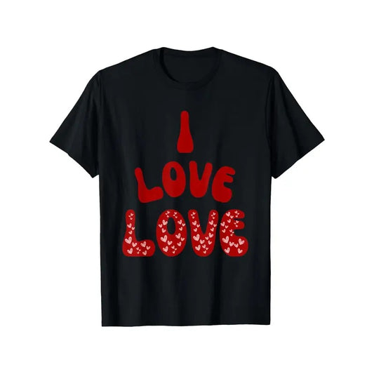Soft & Breathable 100% Cotton Men's Valentine's Day T-Shirt - "I Love Love" XOXO Graphic, Casual Crew Neck Short Sleeve Tee in Black with Red Hearts Design, Perfect for Daily Wear & Gifts, Sizes S-XXXL, Valentine's Day Outfitmade in usa