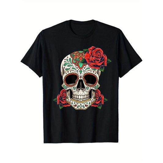 Soft & Comfy Cotton Skull Print T-Shirt - Perfect for Halloween, Day of the Dead, Thanksgiving & Christmas Gifts |, Machine Washable Made in USA