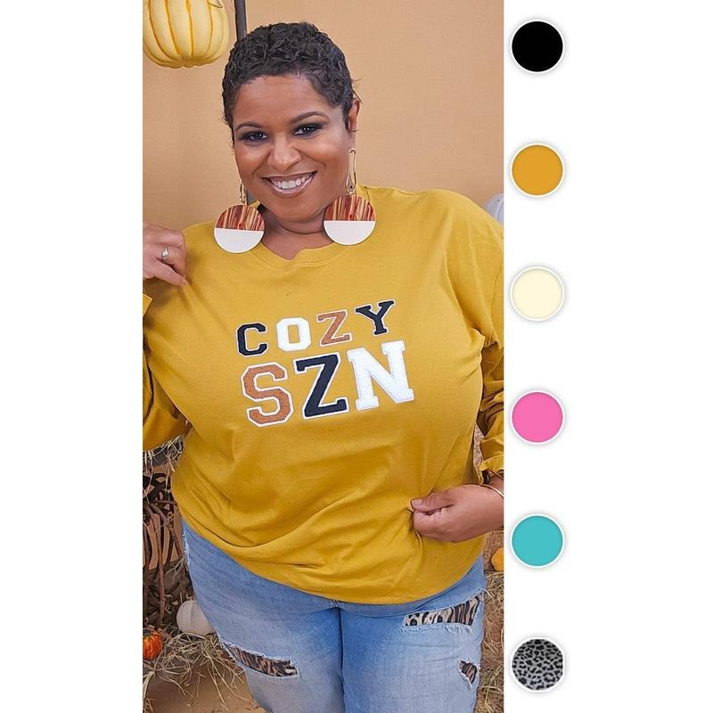 Soft Chenille Cozy SZN Graphic Boyfriend Long Sleeve T-Shirt Hoodie, Sweatshirt | DripVista.com