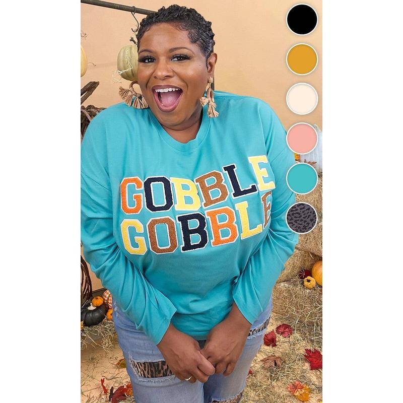 Soft Chenille Gobble Gobble Graphic Boyfriend Long Sleeve T-Shirt Hoodie, Sweatshirt | DripVista.com