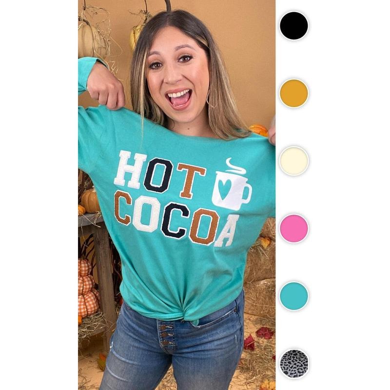 Soft Chenille Hot Cocoa Graphic Boyfriend Long Sleeve T-Shirt Hoodie, Sweatshirt | DripVista.com