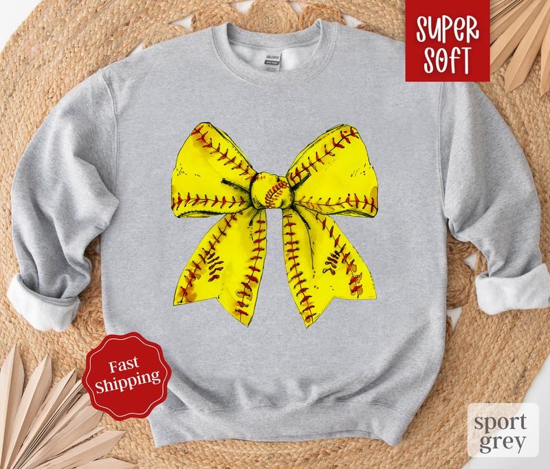 Softball Bow Sweatshirt, Game Day Softball Crewneck, Womens Sweatshirt, Fall Sweater T-Shirts, Hoodie | DripVista.com