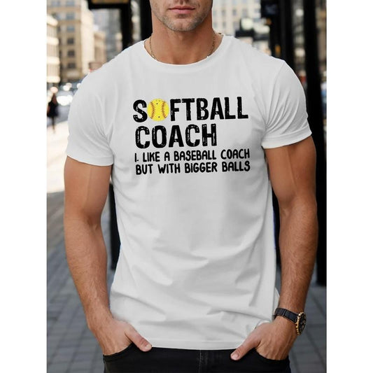 Softball Coach Print Men's Short Sleeve T-Shirts, Comfy Casual Elastic Crew Neck Tops For Men's Outdoor Activities Made in USA