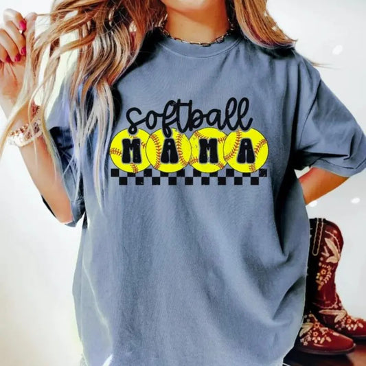 Softball Mama Shirt, Retro Checkered Mama Shirt, T Ball Mom, Softball Mom Shirt, Gift for Mom, Sports Mom Shirt Menswear Top Underwear Tshirt Streetwear Man Tropical Crewneck Shortsleeve Round Neck Casual