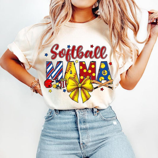 Softball Mama T-Shirt, Softball Coquette Bow T-Shirt, Softball Bow T-Shirt, Softball Mom, Game Day , Retro Softball T-Shirt, Sports T-Shirt