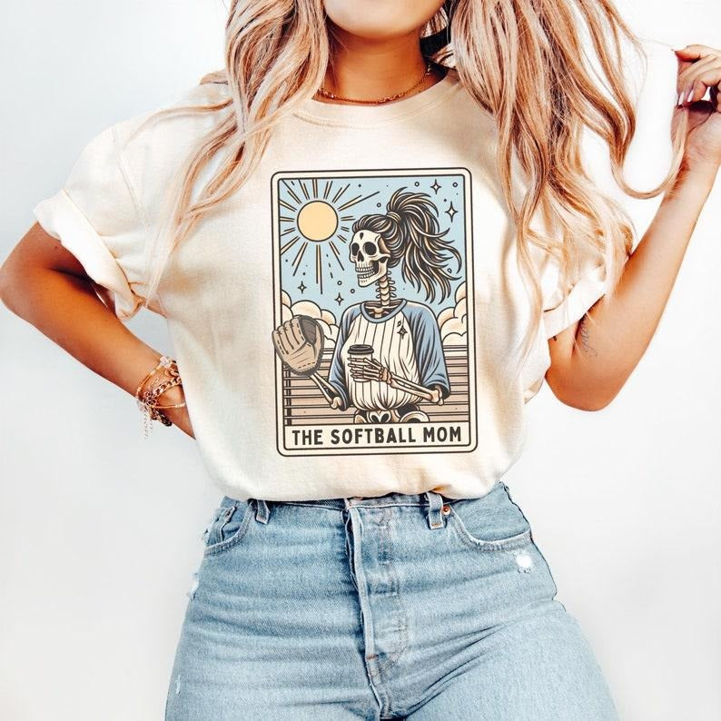 Softball Mom Shirt, Comfort Colors Softball Mom Tarot Card T-shirt, Halloween Skeleton Softball Mama Tee, Mothers Day...