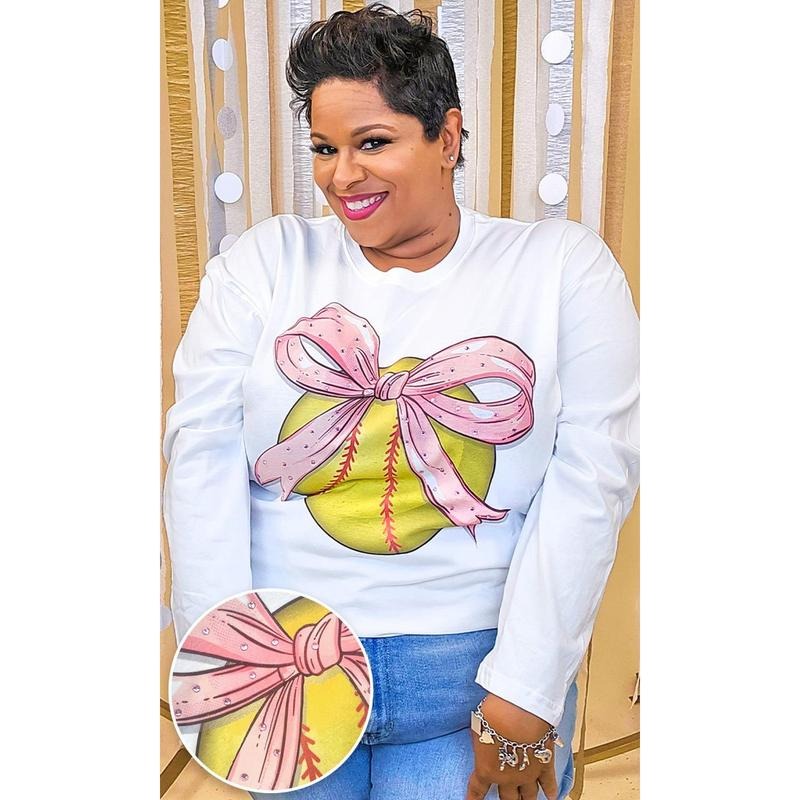 Softball Pink Bow Rhinestone Graphic Long Sleeve Shirt Hoodie, Sweatshirt | DripVista.com