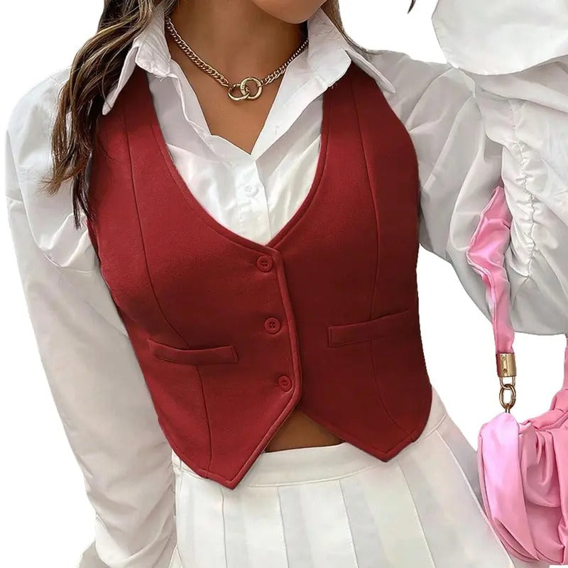Solid Button Front Crop Waistcoat V Neck Sleeveless Blazers T-Shirts, Hoodie, Sweatshirt | DripVista.com