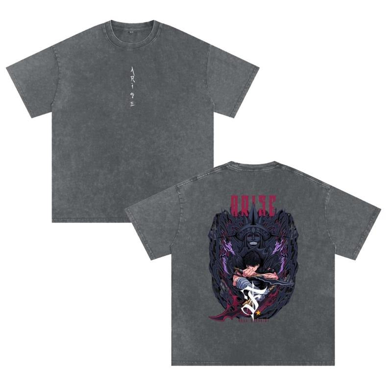 Solo Leveling "Arise" Acid Wash T-Shirt, Sung Jin-Woo Anime Graphic Tee, Shadow Monarch Shirt, Made to Last, Durable Quality