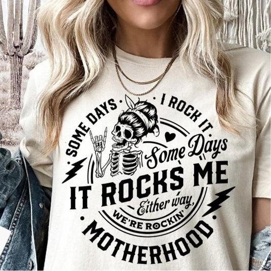 Some days I rock it some days it rocks me svg T-Shirt DRG, Motherhood svg T-Shirt, Rocking motherhood svg T-Shirt DRG, Funny motherhood skull svg T-Shirt, Mom Life Svg, Mom svg wompwompmrcomershirt