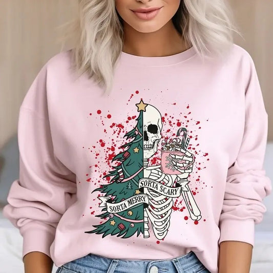 Sorta Merry Sorta Scary Funny Christmas Sweatshirt Christmas Skeleton Sweatshirt Cute Spooky Season Sweater Goth Xmas Crewneck Sweatshirt