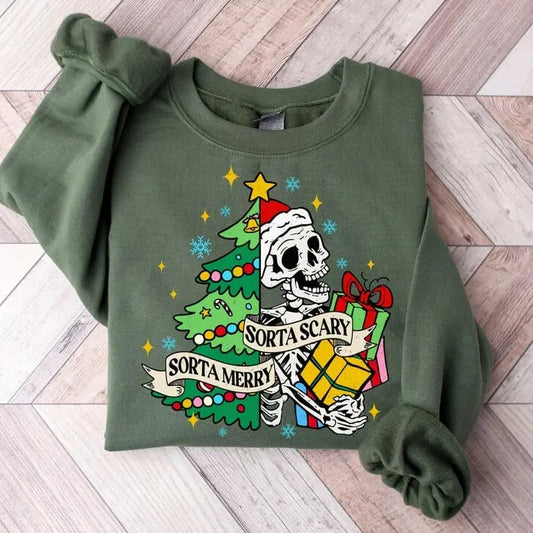 Sorta Merry Sorta Scary Sweatshirt, Funny Christmas Shirt, Cute Spooky Season Shirt, Christmas Skeleton Shirt, Funny Christmas Tee