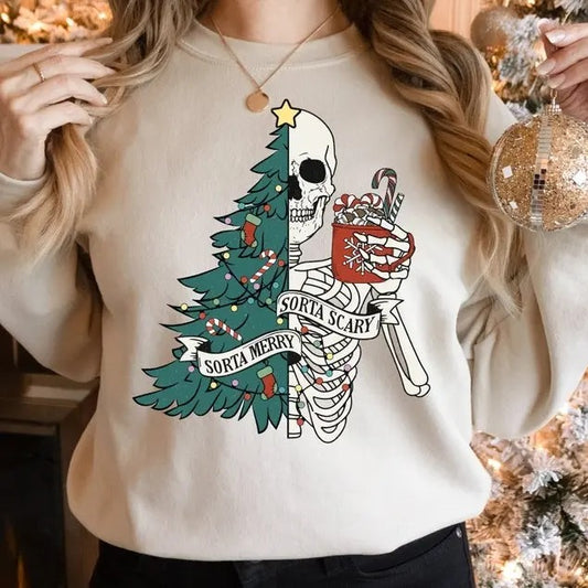 Sorta Merry Sorta Scary Sweatshirt, Funny Christmas Shirt, Cute Spooky Season Sweater, Custom Christmas Skeleton Shirt, New Year Shirt