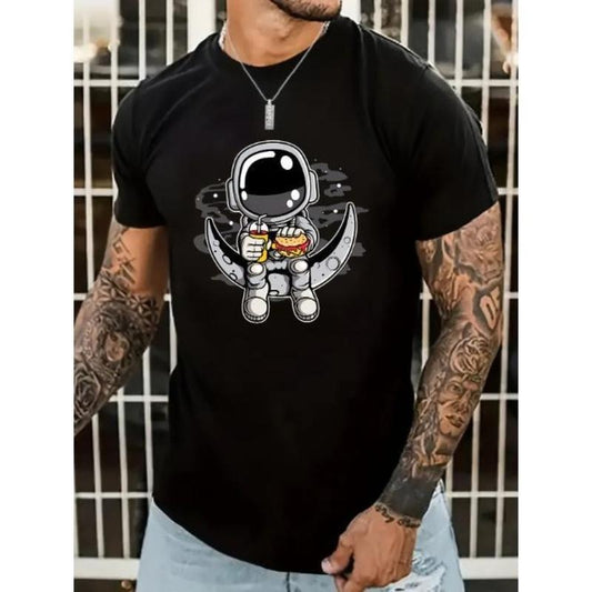 Space Explorer Cartoon Astronaut Men's Tee - Stretchy, Breathable Summer Casual Wear with Comfort Fit Made in USA