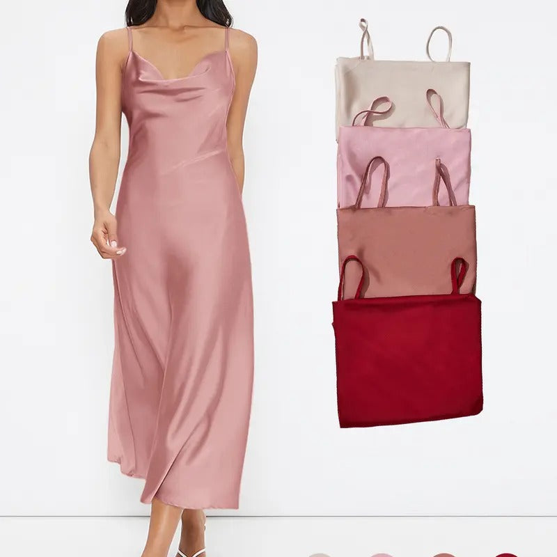 Spaghetti Strap Cowl Neck Long Slip Satin Silk Midi Dress T-Shirts, Hoodie, Sweatshirt | DripVista.com