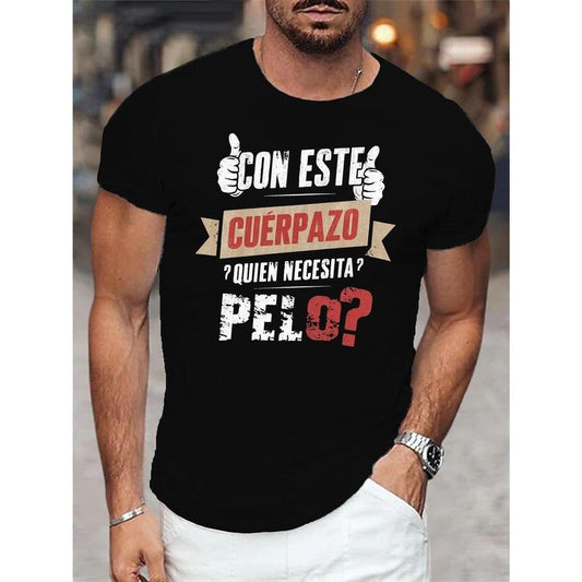 Spanish humorous text design print, summer men's crew neck T-shirt, men's daily holiday clothing top Made in USA
