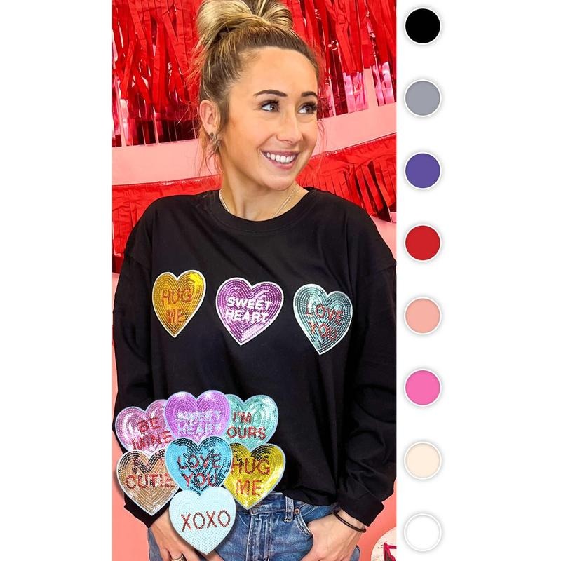 Sparkle Conversation Heart Boyfriend Long Sleeve - Cozy Sequin Valentine #SparkleHearts #ValentinesLongSleeve #CandyLove...
