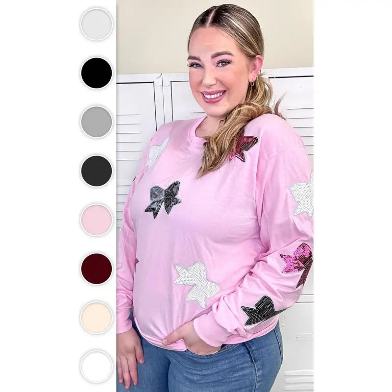 Sparkle Sequin Bow Graphic Long Sleeve T-Shirt Hoodie, Sweatshirt | DripVista.com