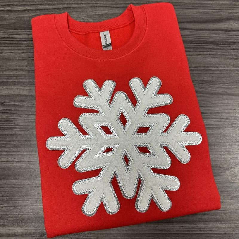 Sparkling Snowflake Patch Gildan Sweatshirt -- RED T-Shirts, Hoodie | DripVista.com