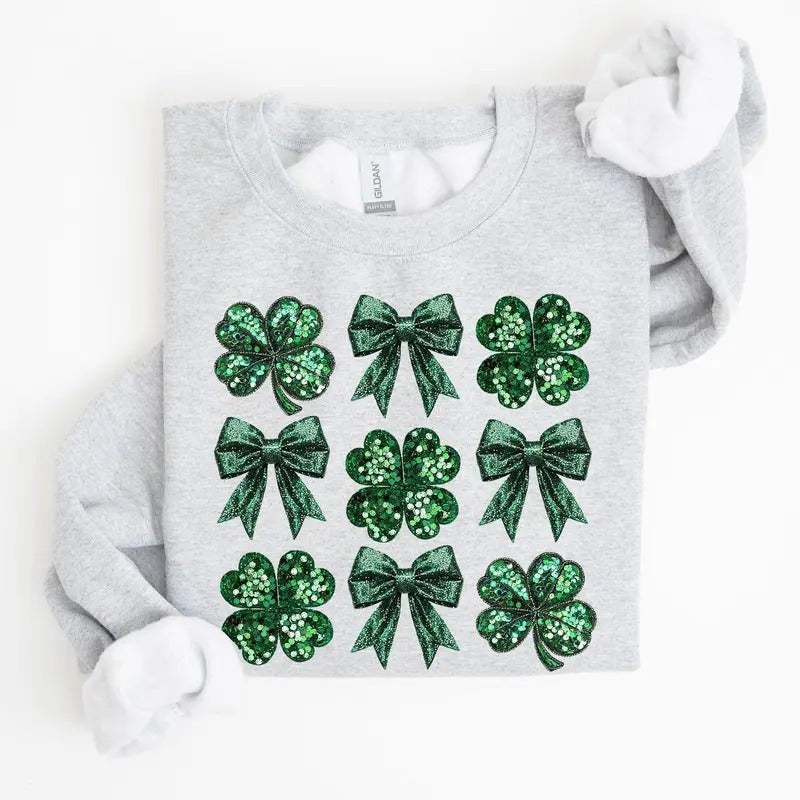 Sparkly Clover, Shamrock, Faux Sequins, Bow, Coquette, Lucky, Irish, Lucky Charm, St Patrick's Day Sweatshirt, Crew Neck,...