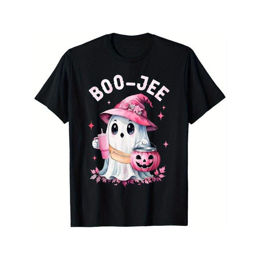 Spooky Ghost Pumpkin Tee - Soft Pink Halloween Costume Shirt for Men Women- Boujee Boo Jee Design, Unsex Short Sleeve, Casual Wear, Autumn Season Fashion Made in USA
