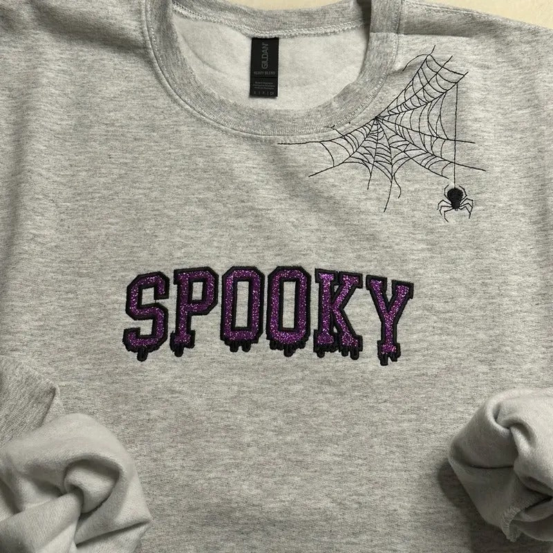 Spooky Glitter and spider web Embroidered Crewneck Sweatshirt T-Shirts, Hoodie | DripVista.com