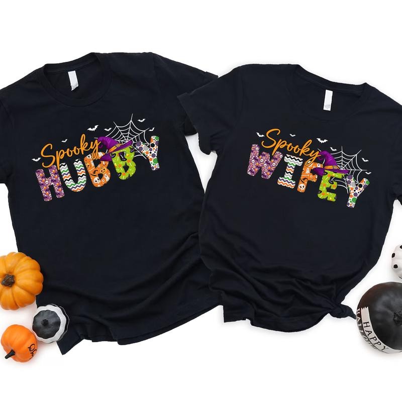 Spooky Hubby Wifey Shirt - Cute Halloween Couple Matching T-Shirts, Funny Couples Halloween Tee, Fall Husband Wife Gift