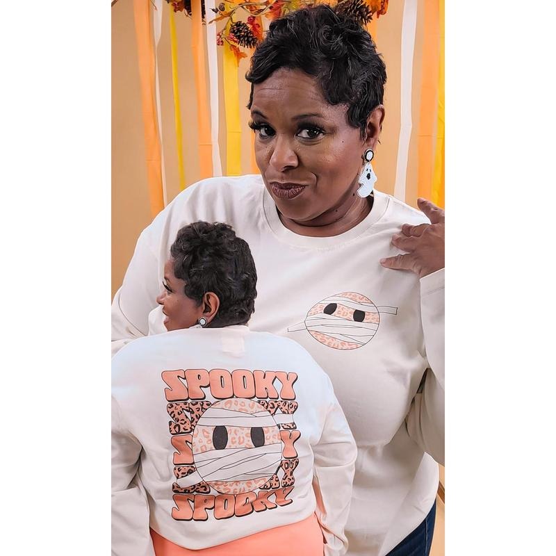 Spooky Leopard Smiley Graphic Boyfriend Long Sleeve T-Shirt Hoodie, Sweatshirt | DripVista.com