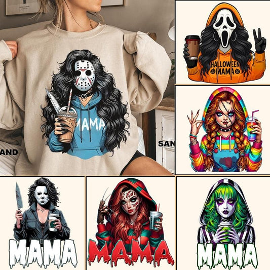 Spooky Mama Drinking Horror Characters Halloween Movie Collection Sweatshirt, Spooky Season, Gift For Mom, Halloween Gift