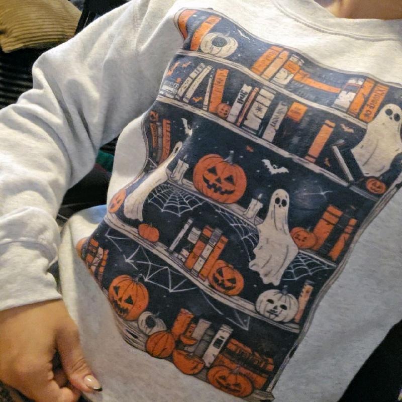 Spooky Season Ghosty Books Design Sweatshirt with Halloween Icons and Ghosts Pattern T-Shirts, Hoodie | DripVista.com